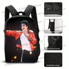 Black backpack featuring a graphic of a woman with red hair and a jacket, showing various features like double zippers and po