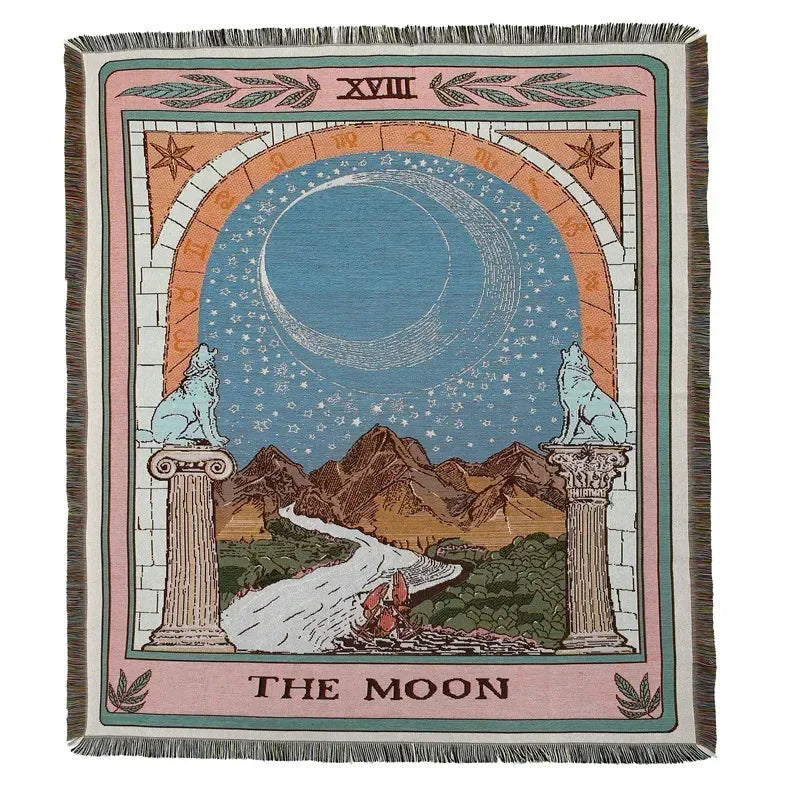 A rectangular throw blanket featuring a geometric design with celestial elements and the text The Moon.