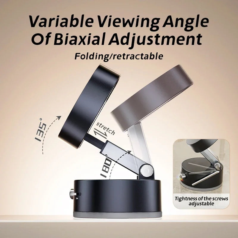 Folding and retractable magnetic phone stand with a variable viewing angle adjustment.