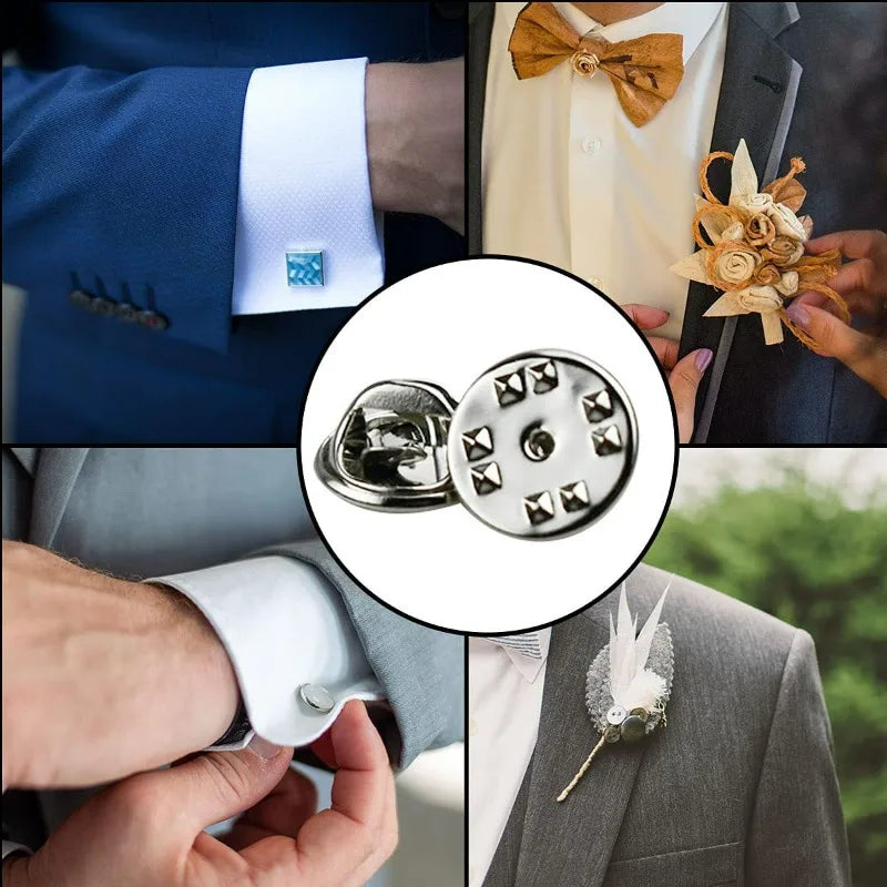 Close-up of metal pin findings including butterfly clasps and tie tacks used for jewelry making