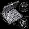 A clear storage case holds a 25-piece set of sewing machine bobbins, showing the layout and dimensions.