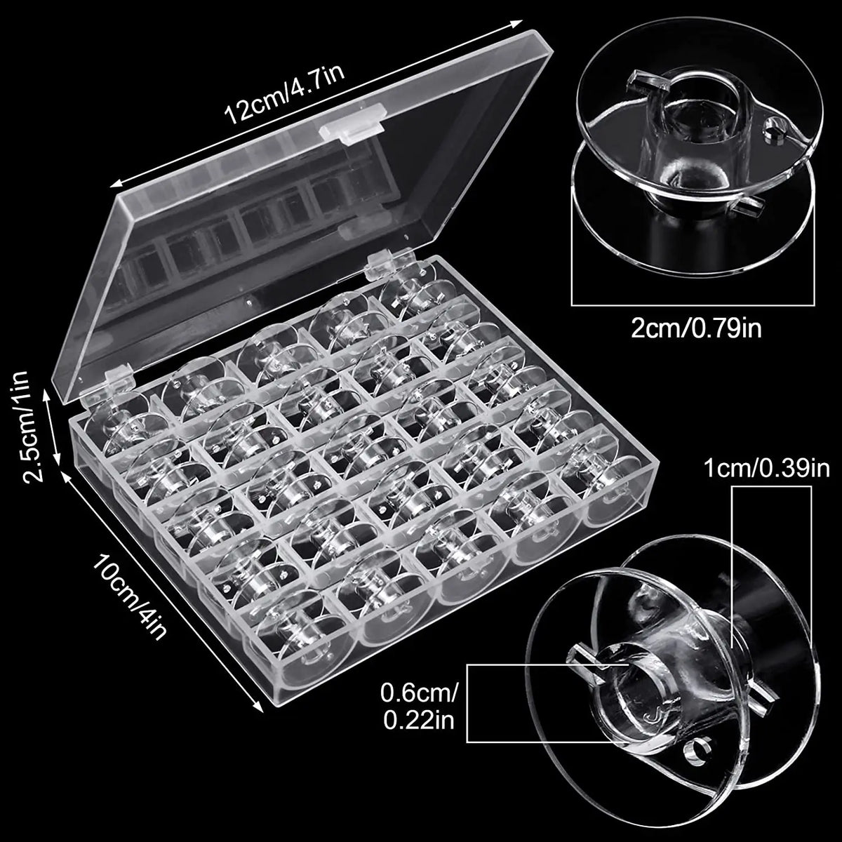 A clear storage case holds a 25-piece set of sewing machine bobbins, showing the layout and dimensions.