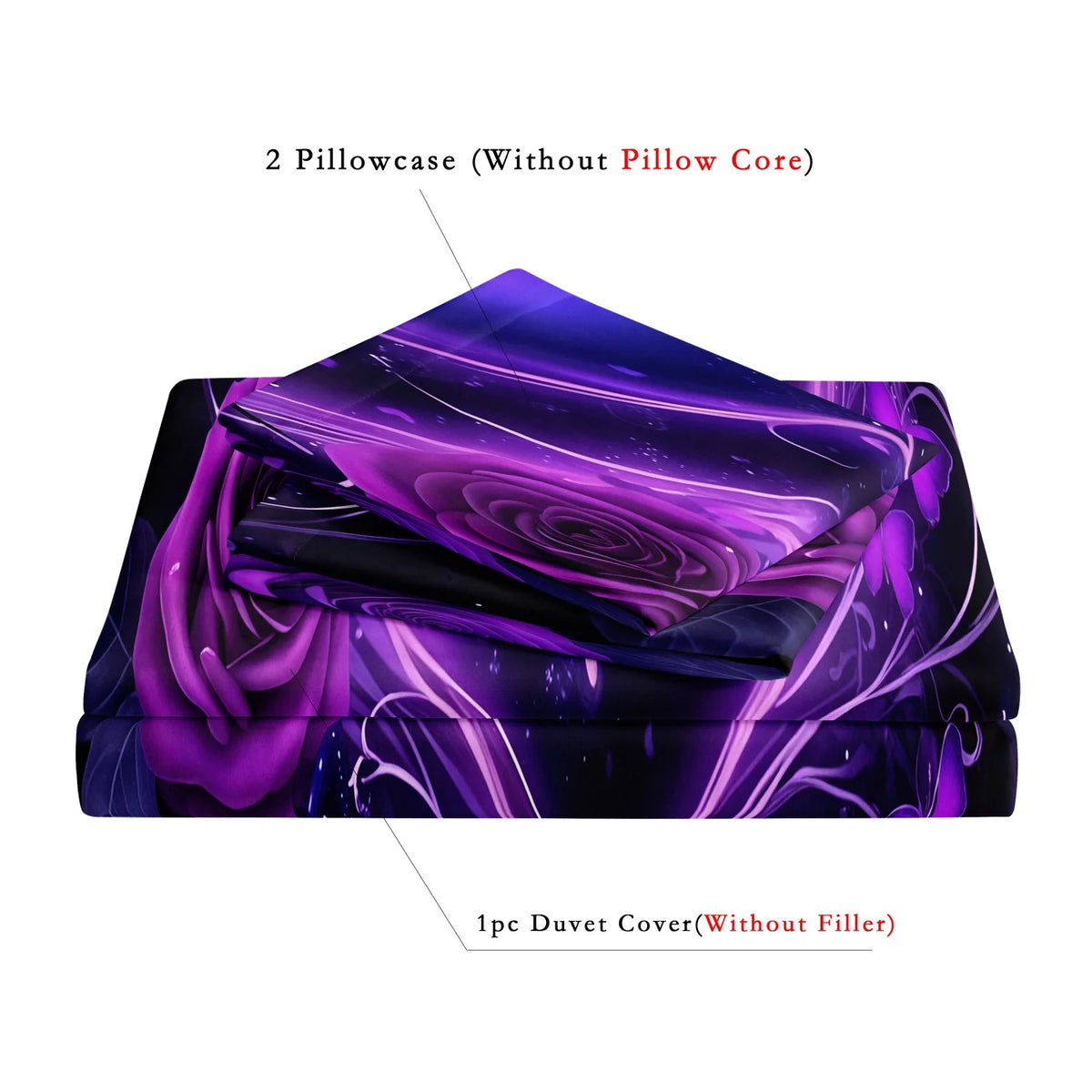 Two purple pillowcases without core and one duvet cover without filler featuring a dreamy hearts and roses design with butter