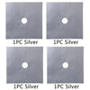 Four images showing 1PC Silver stove burner protector mats with a circular hole in the center.