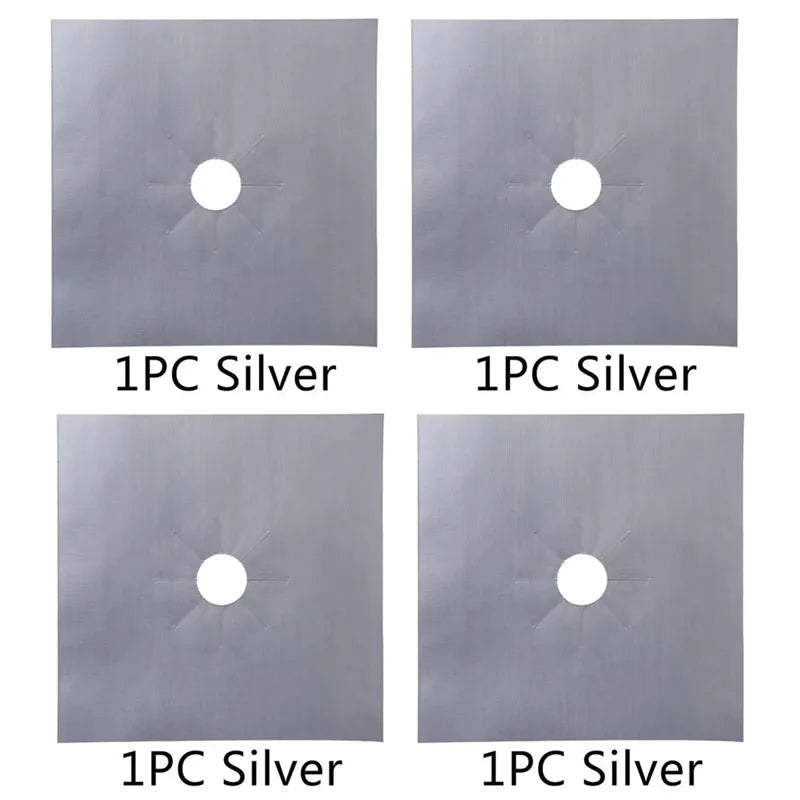 Four images showing 1PC Silver stove burner protector mats with a circular hole in the center.