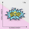 A bright blue embroidery patch with the word WOW in yellow lettering and small silver stars.