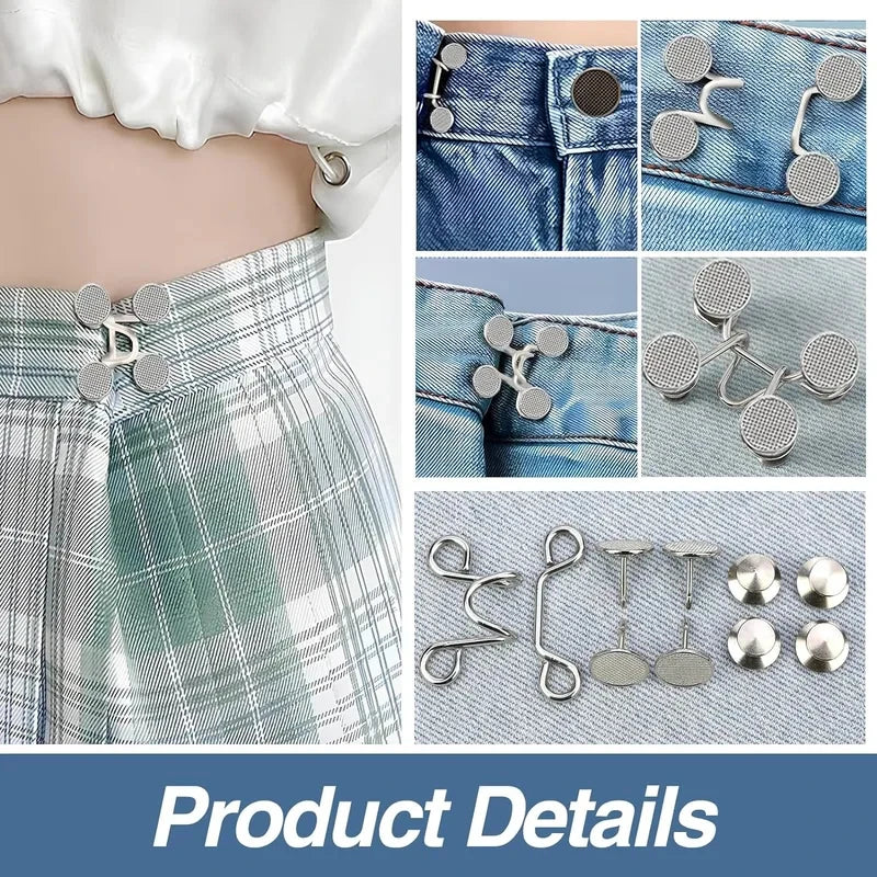 Close-up of adjustable button pins in silver and gold tones used for customizing denim fabric.