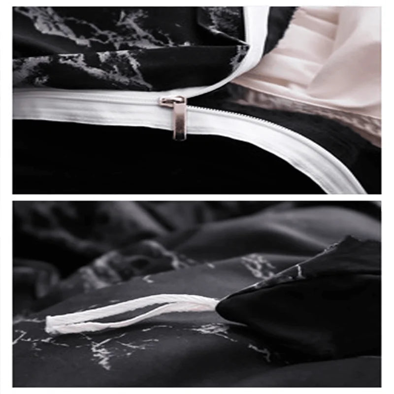 Close-up of a black duvet cover with a silver zipper and white piping, shown alongside fabric details.