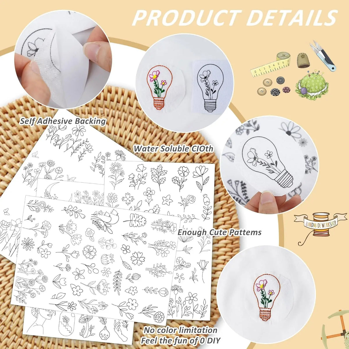 A set of self-adhesive backing and water-soluble embroidery stabilizers with pre-printed floral patterns shown in various app