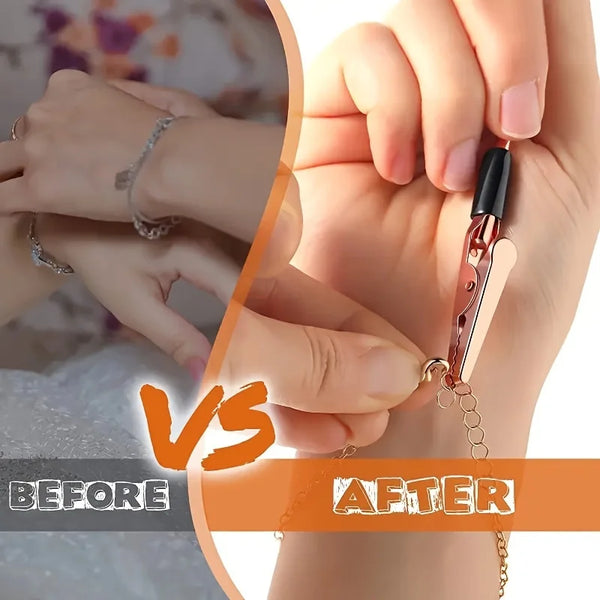 Comparison showing a before and after of using a retractable bracelet and watch tool set on a hand.