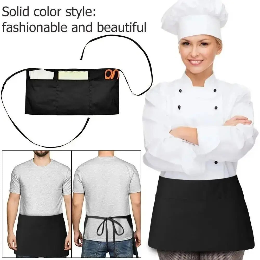 A woman models a black and white unisex waist apron with three pockets, shown in a full-body view.