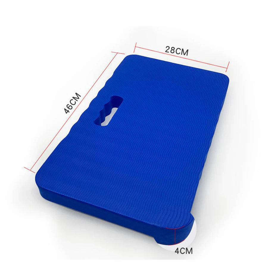 A blue thick protective kneeling mat designed for hard floors, shown from the side.