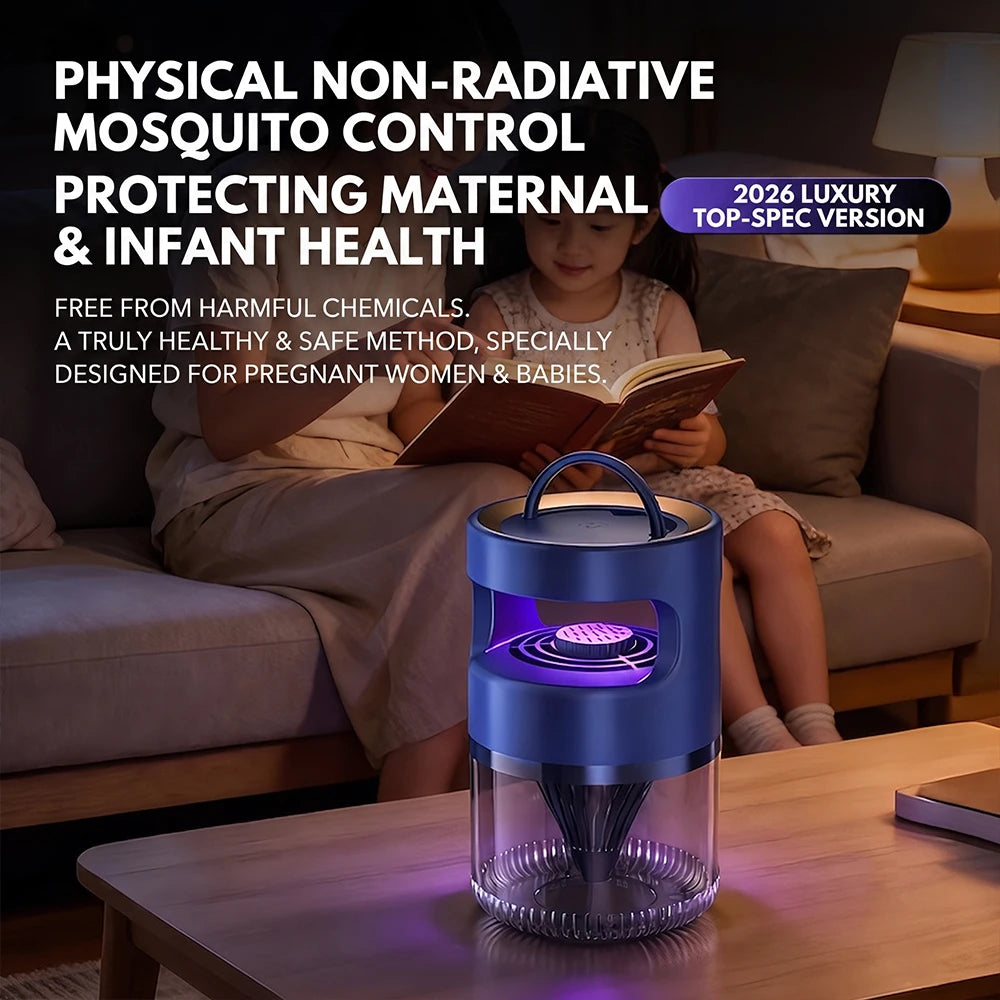 A blue UV mosquito killer lamp trap sits on a wooden table in a living room setting.
