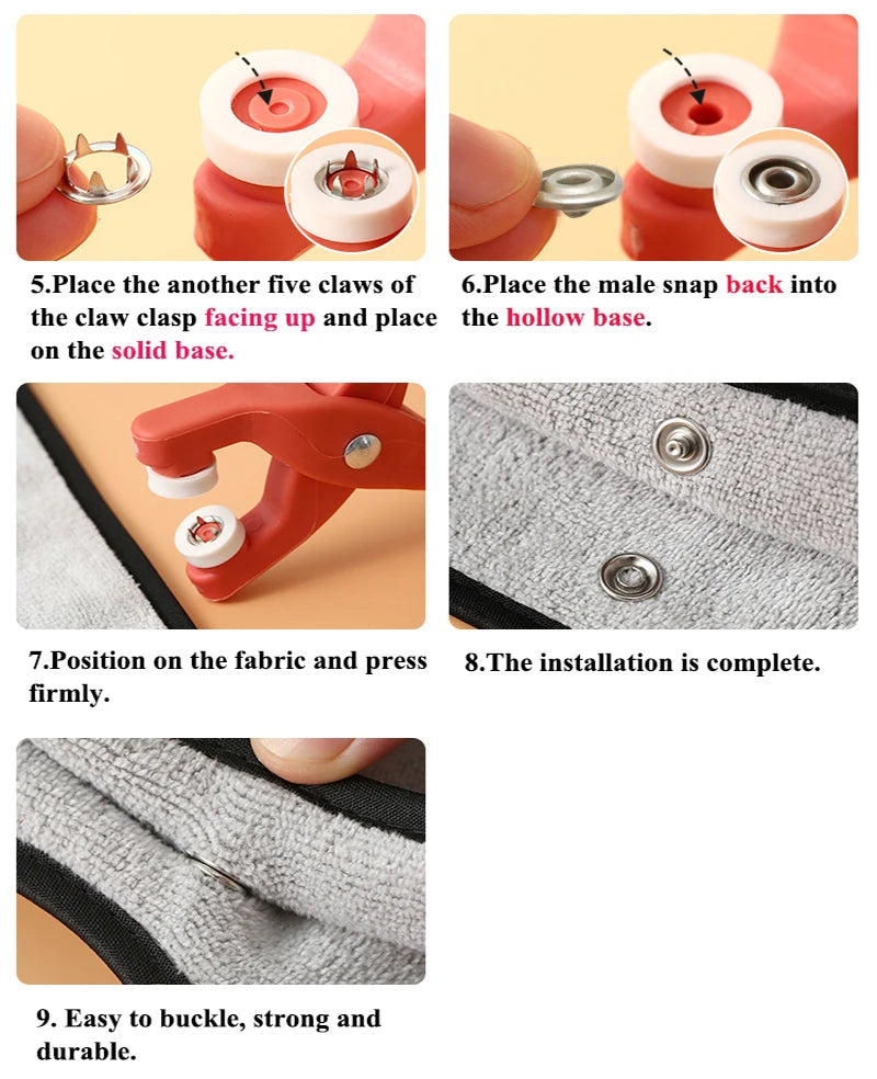 Step-by-step instructions showing how to install a metal and plastic snap button kit onto fabric.