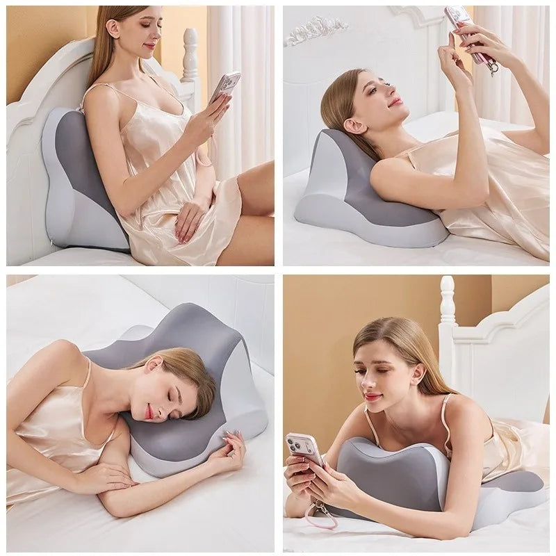 A woman is shown using an ergonomic wedge pillow for neck support while relaxing in bed.