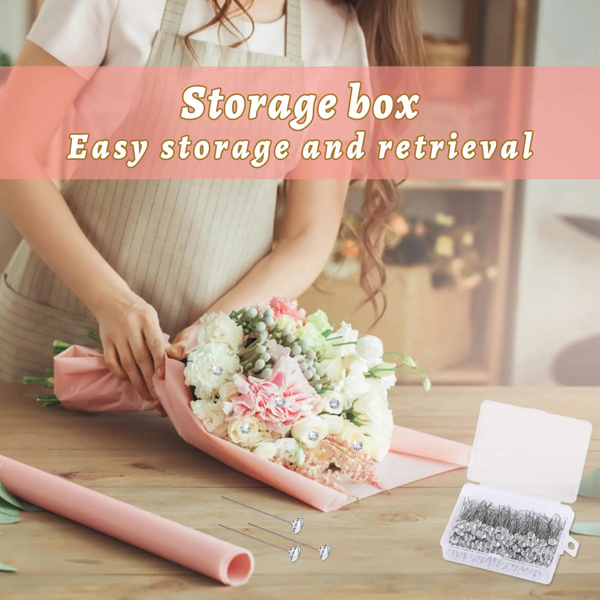 A hand places a pink floral arrangement into a storage box, demonstrating easy storage and retrieval.