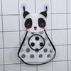 A white and black cartoon panda bath toy organizer with adhesive hooks and a mesh bottom