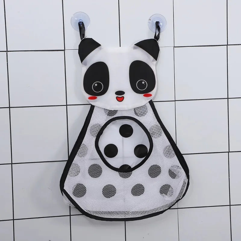 A white and black cartoon panda bath toy organizer with adhesive hooks and a mesh bottom