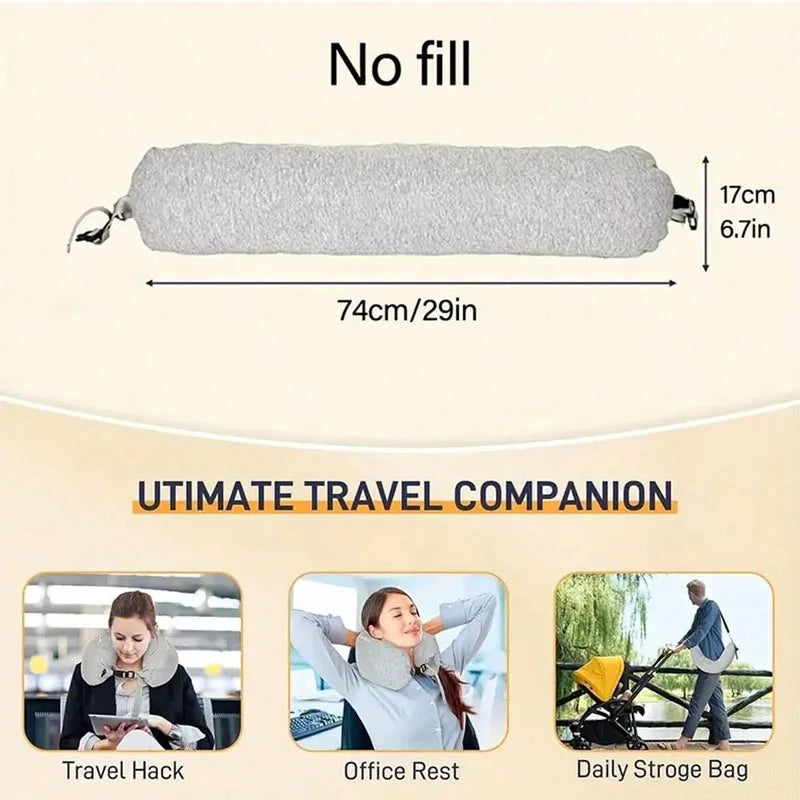 A gray soft fillable travel pillow shown next to a storage bag, marketed as an ultimate travel companion.