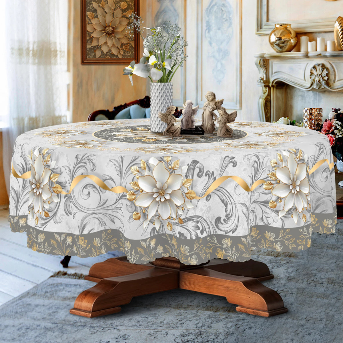 Elegant floral tablecloth with embossed edges set on a round table.