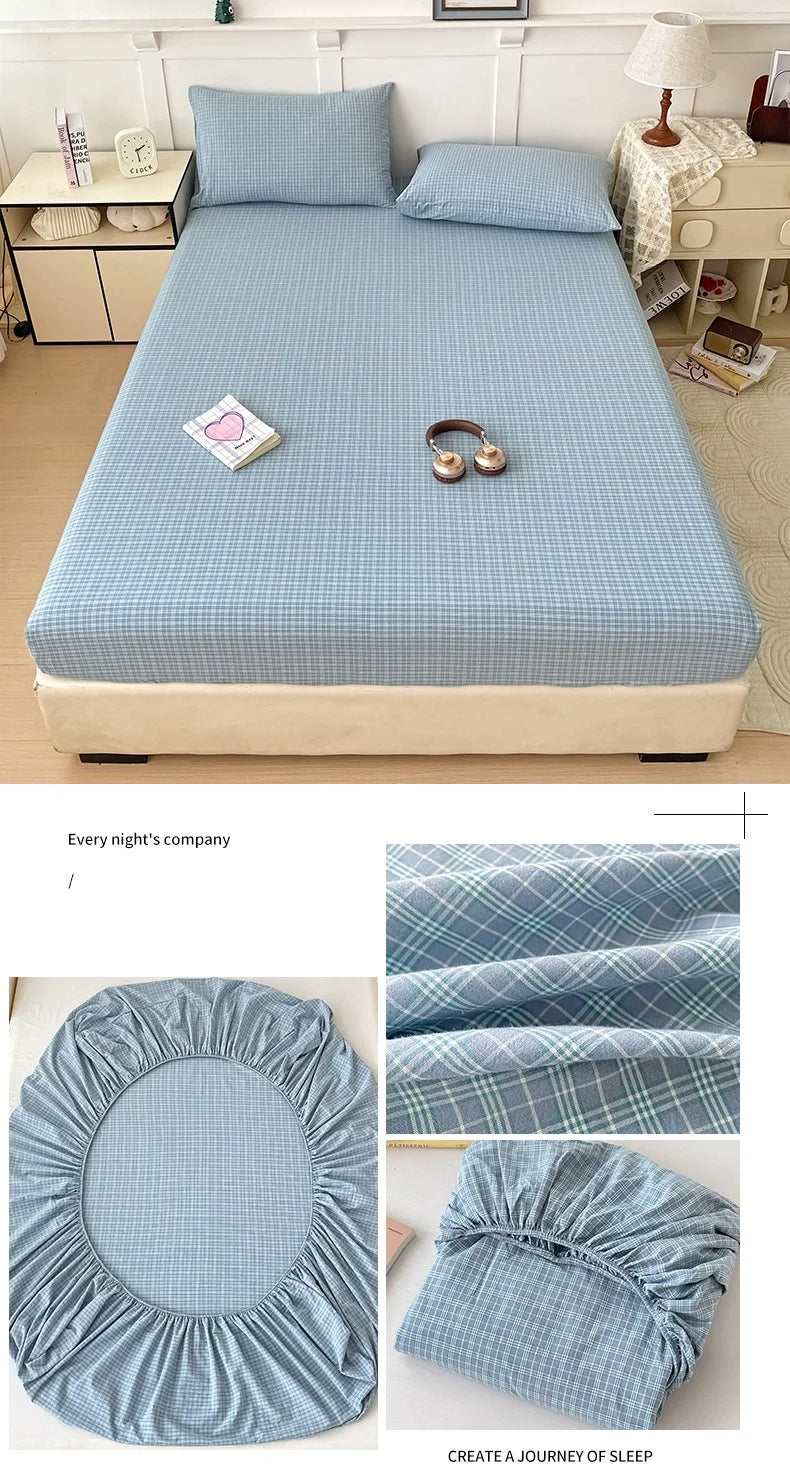 A light blue checkered fitted sheet is displayed on a bed, with fabric swatches showing its texture and drape.