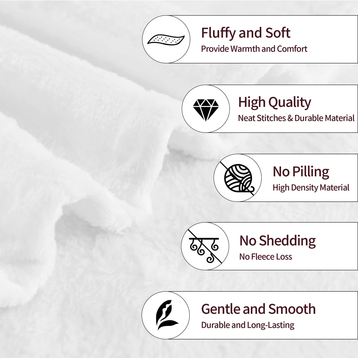 A close-up of a white flannel throw blanket showing features like fluffiness, high quality stitching, and durability.