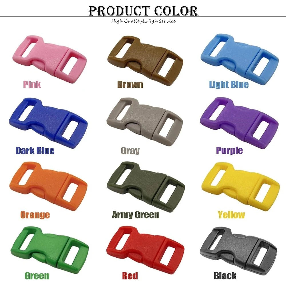 A grid showing various colors of an adjustable plastic paracord buckle bracelet including pink, brown, light blue, dark blue,