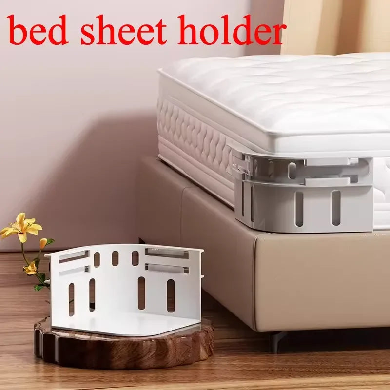 A white bed sheet holder device is shown next to a bed, used for securing sheets.