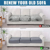 Before and after comparison of a solid color elastic sofa slipcover changing the upholstery.