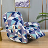 A floral print recliner and sofa slipcover set featuring geometric patterns in shades of blue, purple, and teal.