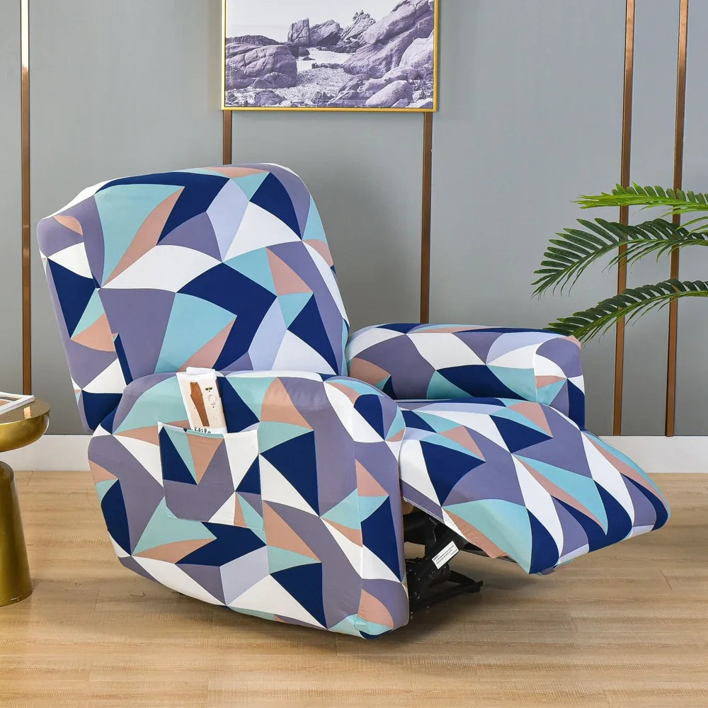 A floral print recliner and sofa slipcover set featuring geometric patterns in shades of blue, purple, and teal.
