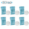 Six packs of disposable compressed fiber face towels in blue packaging.