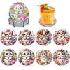 A set of nine floral and animal themed diamond painting coasters featuring cats, dogs, and teacups.