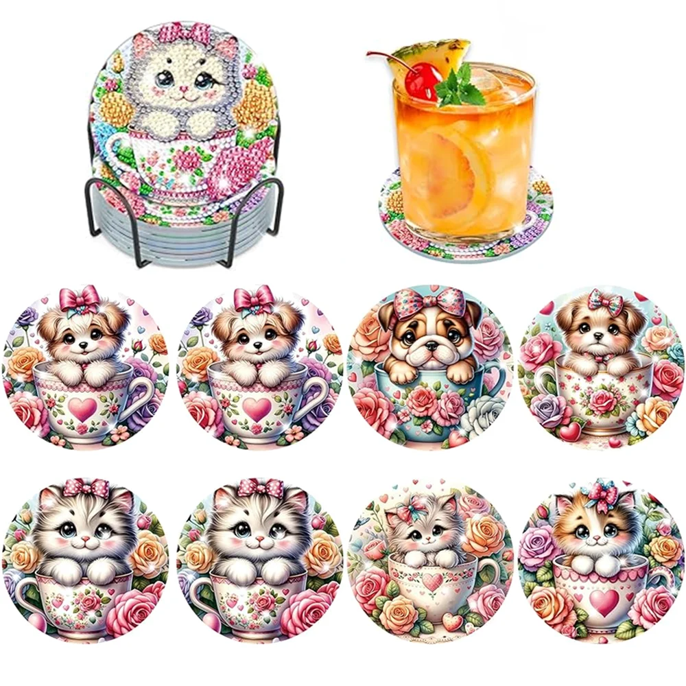 A set of nine floral and animal themed diamond painting coasters featuring cats, dogs, and teacups.