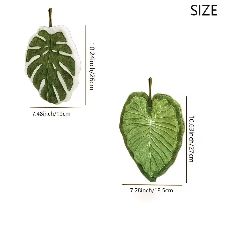 Green leaf-shaped absorbent microfiber towel shown with size measurements.
