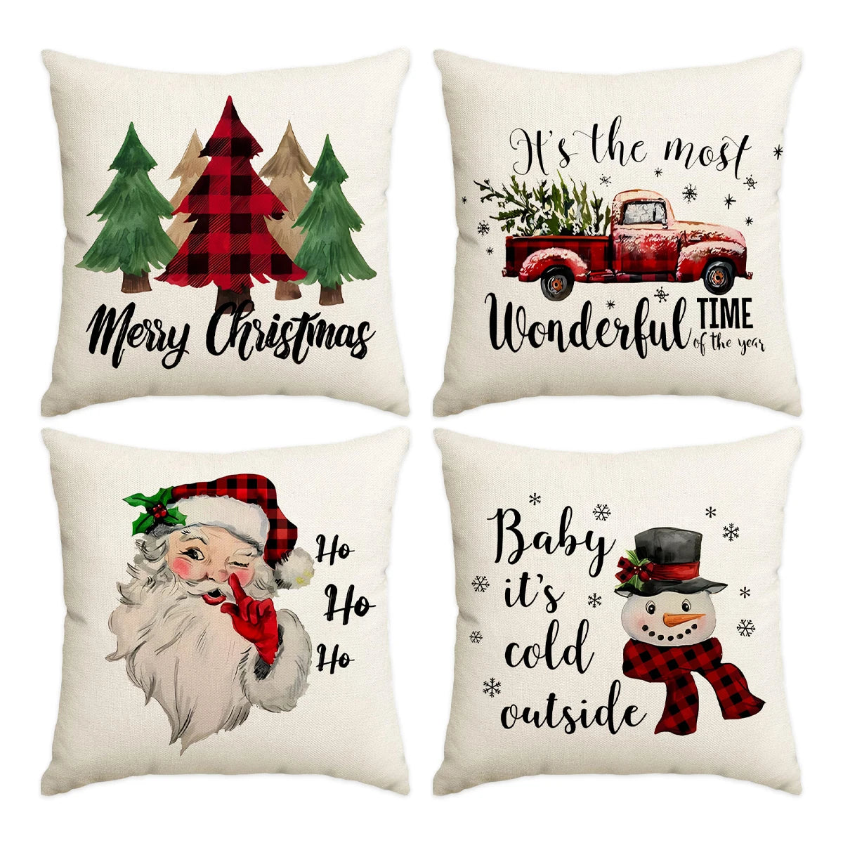 A set of four Christmas themed throw pillows featuring holiday greetings and seasonal imagery.