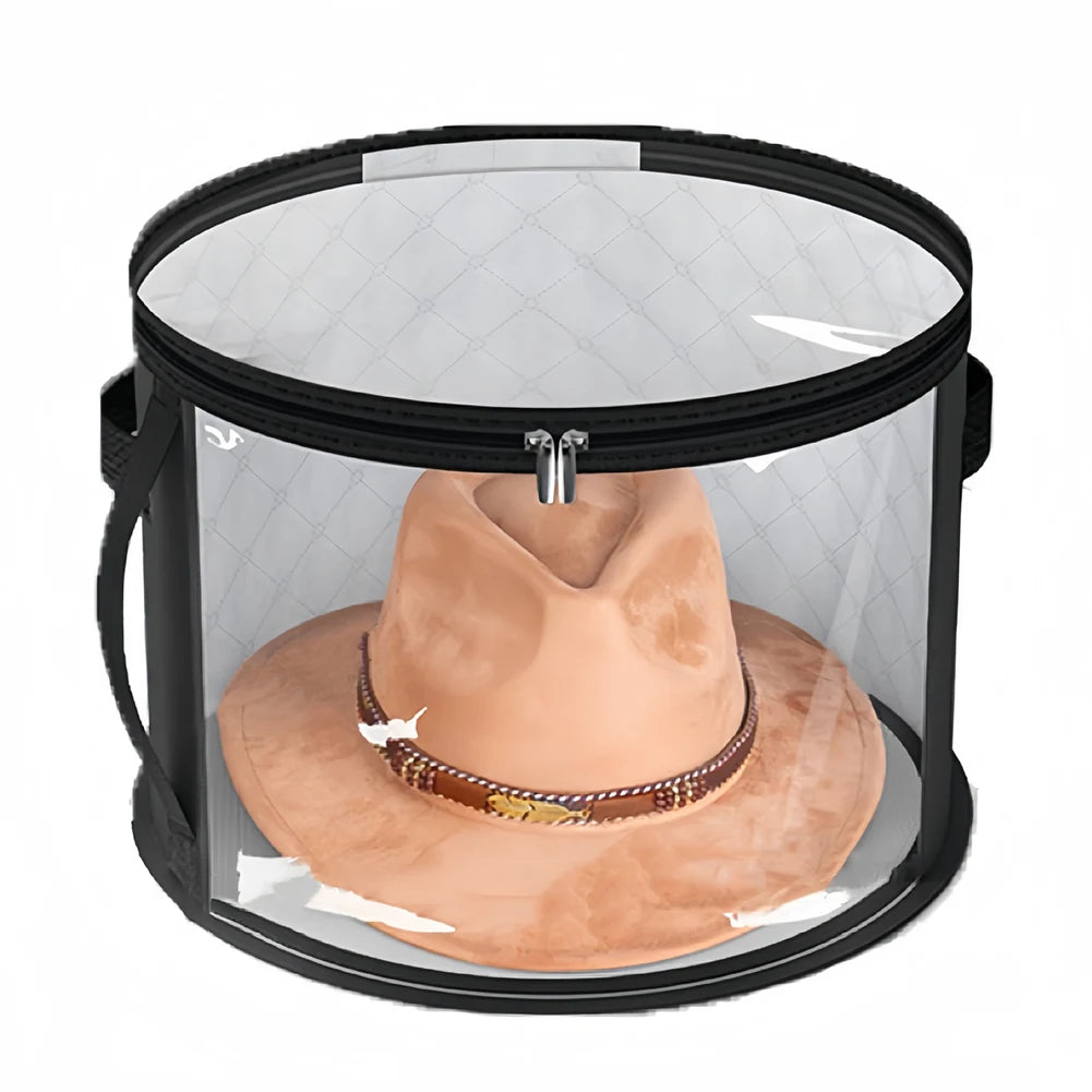 A black storage container with a clear lid holding a tan fabric hat organizer.