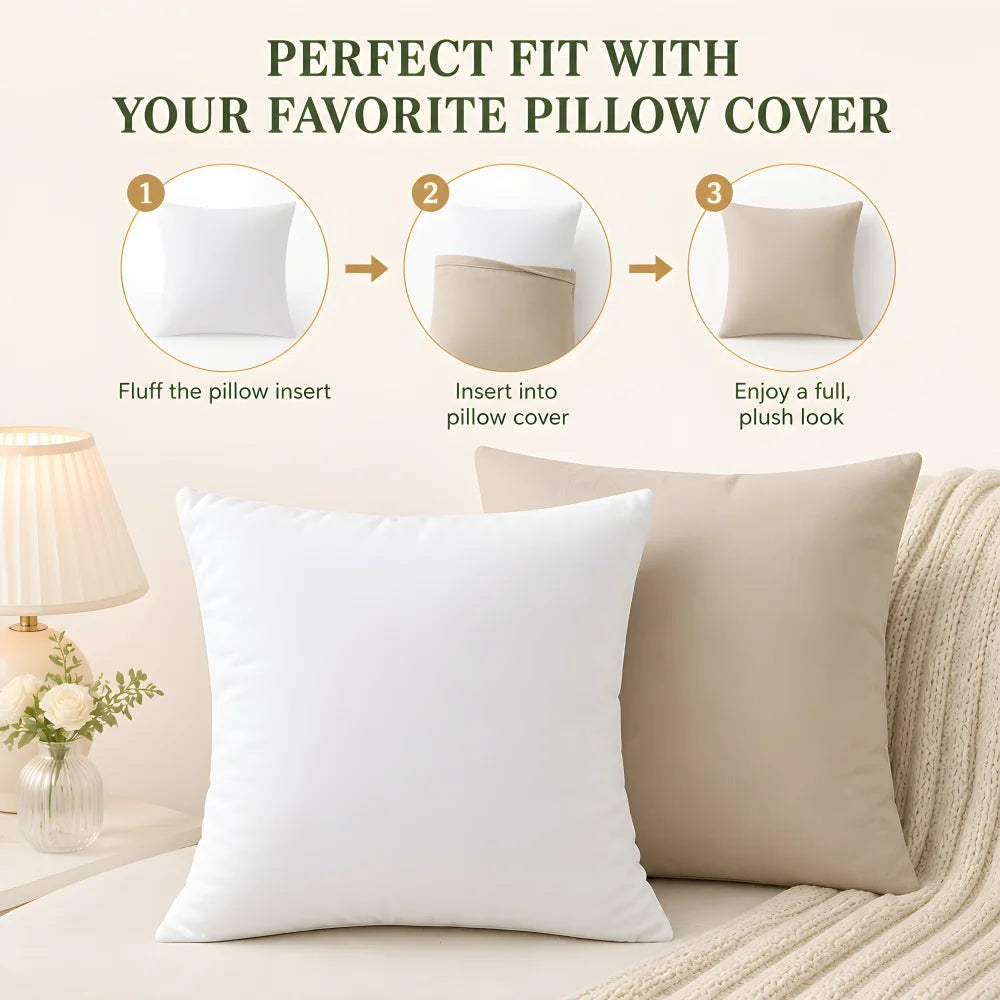 Diagram showing how to fit a pillow insert into a favorite pillow cover for a perfect fit.