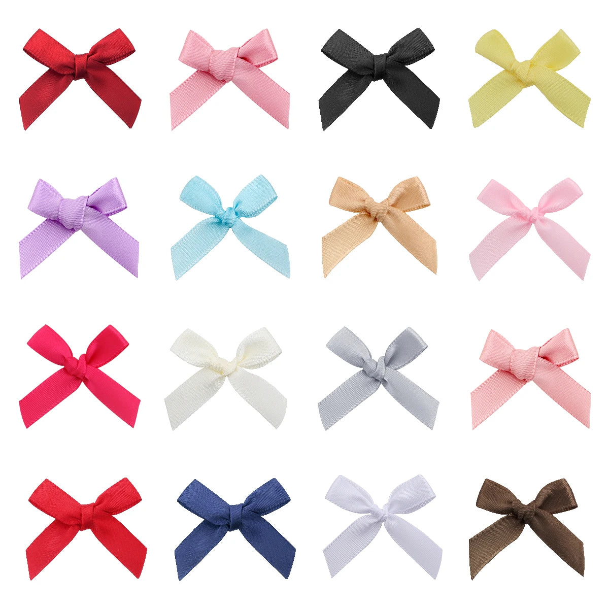 A collection of various satin ribbon bows in red, pink, yellow, black, purple, blue, and beige colors.