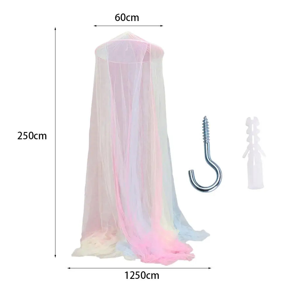 A pink and blue rainbow mesh mosquito netting canopy displayed against a white background.