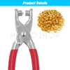 A pair of silver and red precision eyelet punch and grommet tool set next to a pile of gold eyelets.