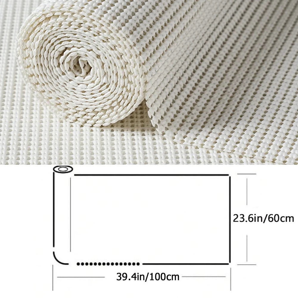 Roll of white silicone non-slip drawer liner for cabinet, bathroom, and table storage