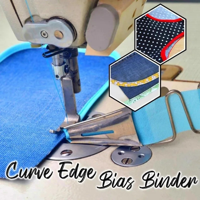 A close-up of a sewing machine pressing fabric with a binder used to secure the curve edge bias fabric.