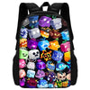 A black backpack featuring a colorful cartoon design with various character icons.