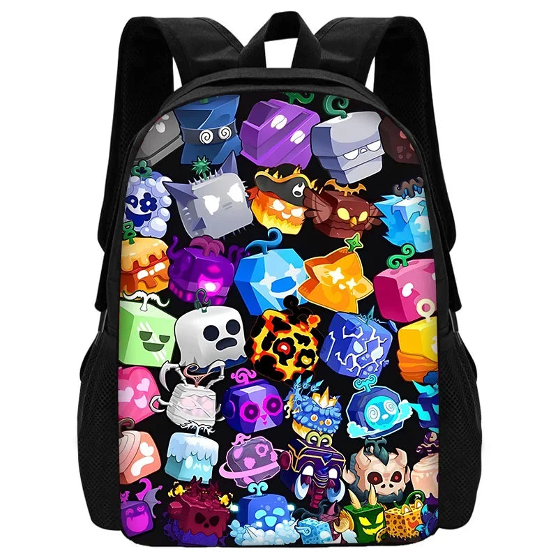 A black backpack featuring a colorful cartoon design with various character icons.