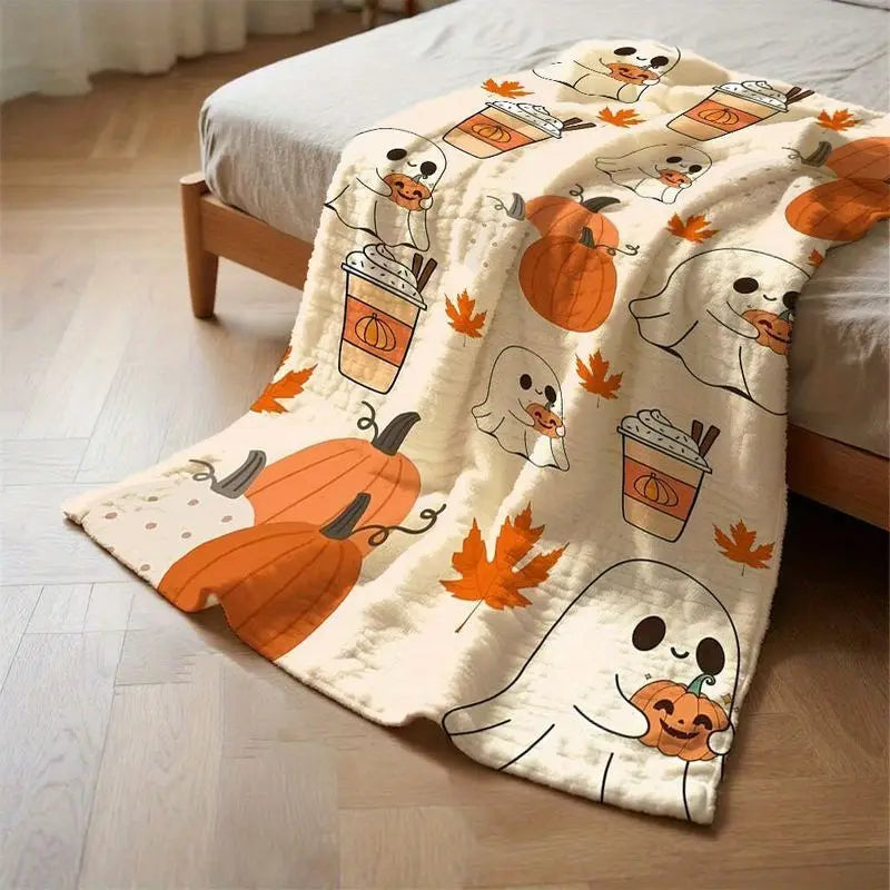 A beige flannel throw blanket featuring cute seasonal decor of pumpkins and leaves.