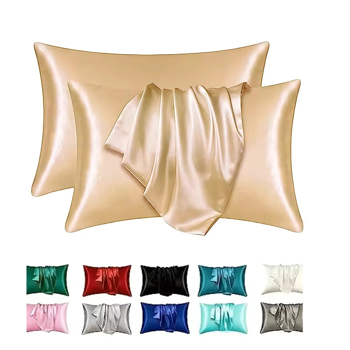 A set of satin silk pillow covers in various shades including gold, pink, green, red, black, blue, and white.