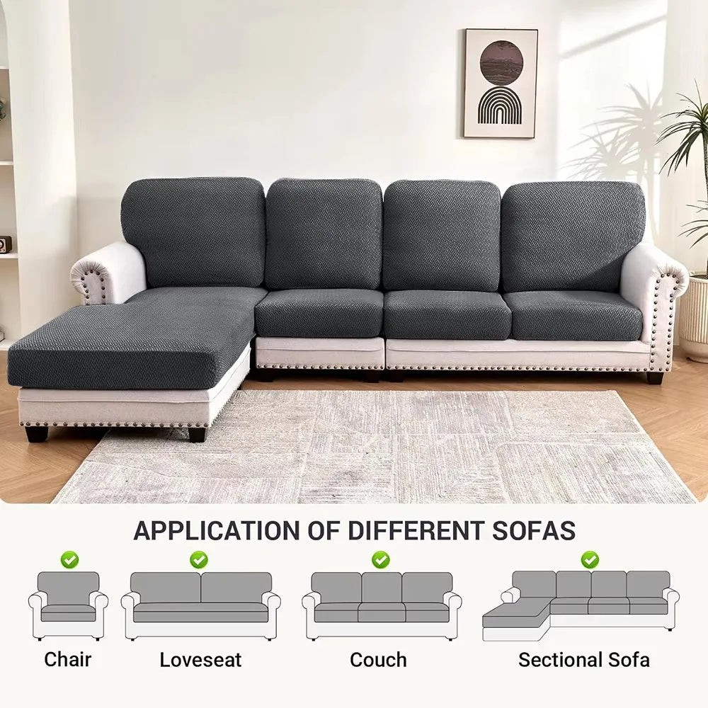 A gray sofa seat protector cushion cover displayed in various configurations including a chair, loveseat, couch, and sectiona