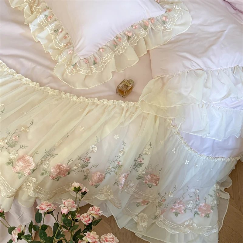 A cream and pink Korean style lace embroidered duvet set featuring delicate floral embroidery on sheer fabric.