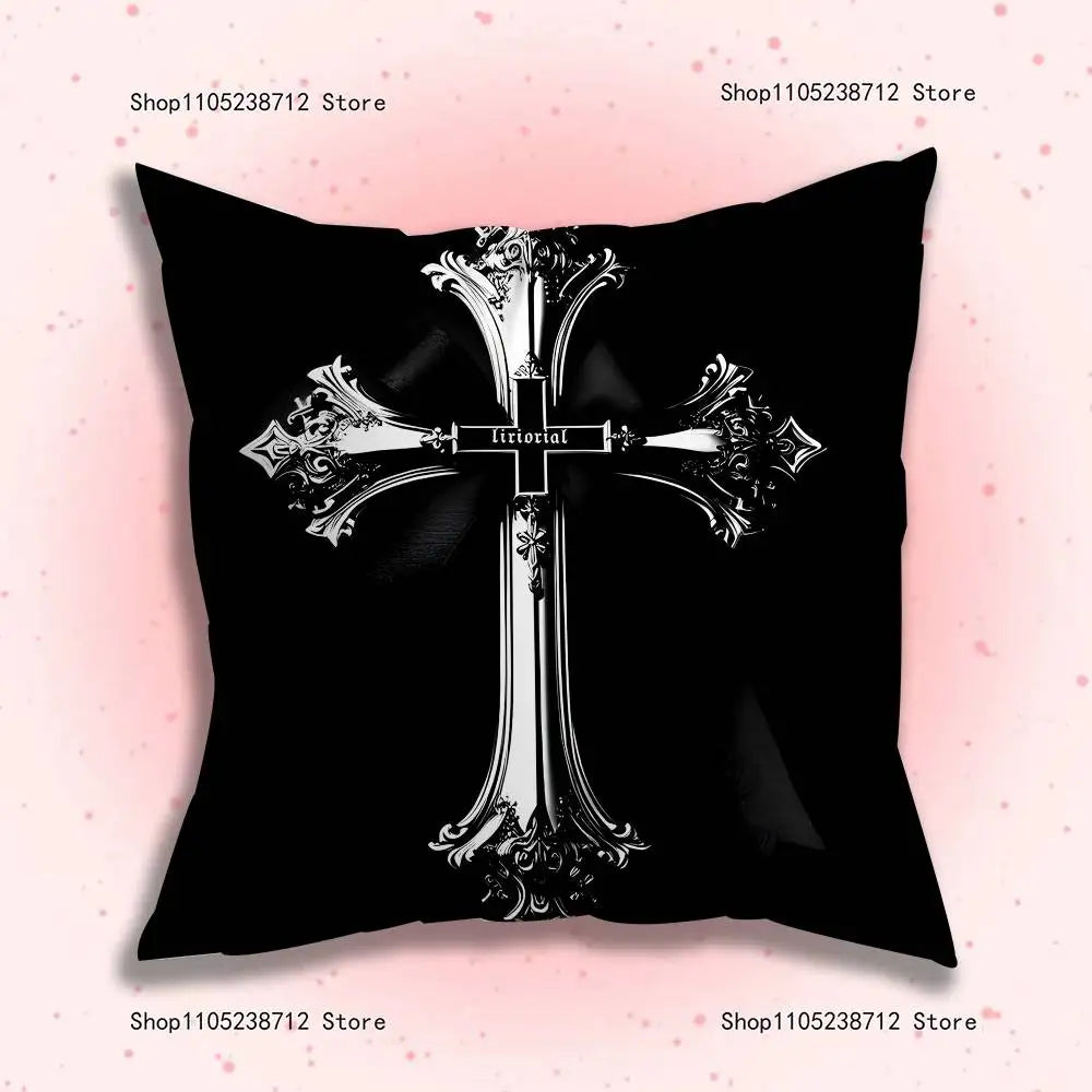 Black throw pillow cover featuring a silver gothic cross sigil design.